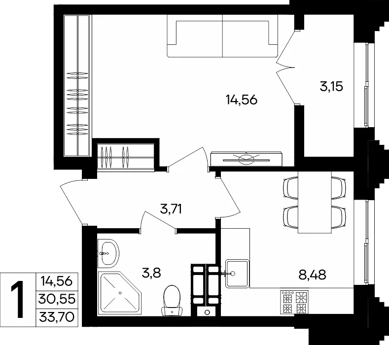 Планировка 1-комн. квартира, 33.7 м² ЖК «Семисчастье»