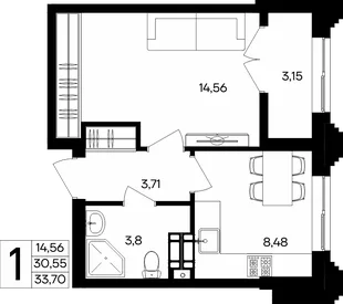 Планировка 1-комн. квартира, 33.7 м² ЖК «Семисчастье»