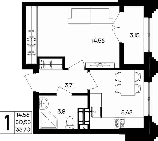 Планировка 1-комн. квартира, 33.7 м² ЖК «Семисчастье» Планировка 1-комн. квартира, 33.7 м² ЖК «Семисчастье»