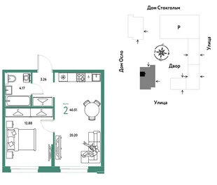 Планировка 2-комн. квартира, 40.51 м² ЖК «Европейский берег 2.0»