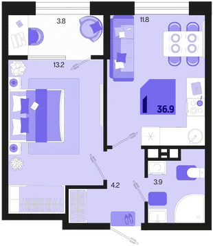 Планировка 1-комн. квартира, 36.9 м² ЖК «Первое место»