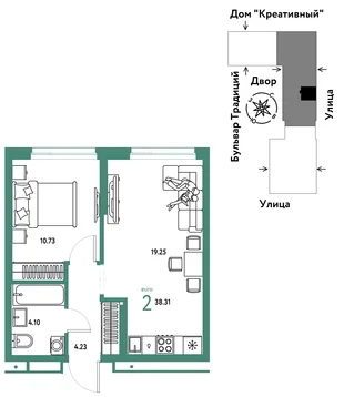 Планировка 2-комн. квартира, 38.31 м² ЖК «Микрорайон Домашний»