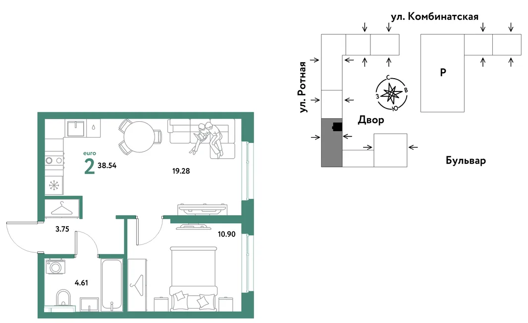 Планировка 2-комн. квартира, 38.27 м² ЖК «Уральский сад»