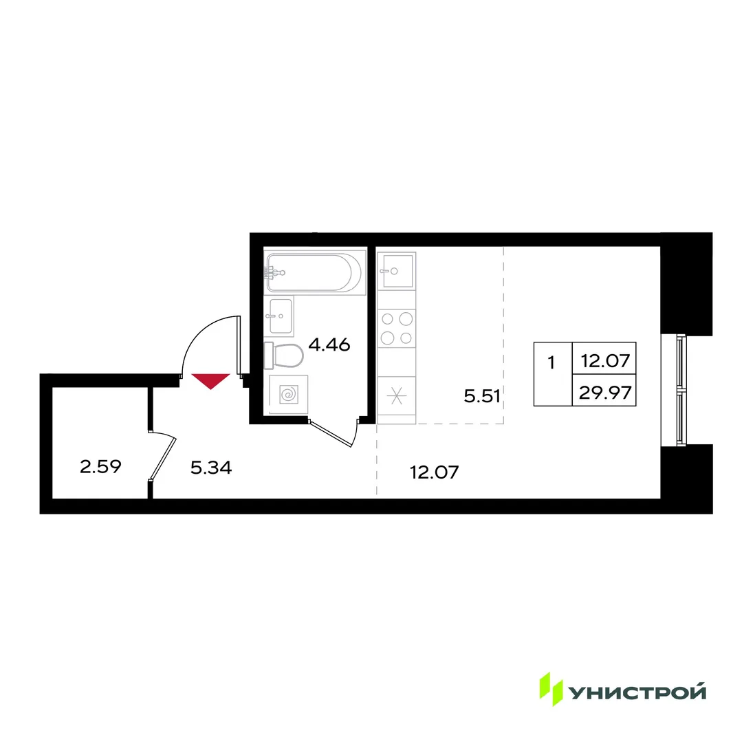 Планировка 1-комн. квартира, 29.97 м² ЖК «Уникум на Энгельса»