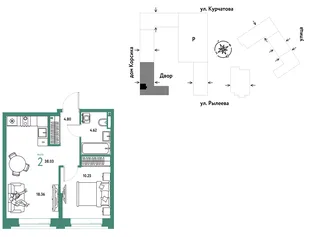 Планировка 2-комн. квартира, 38.03 м² ЖК «Остров-сад»