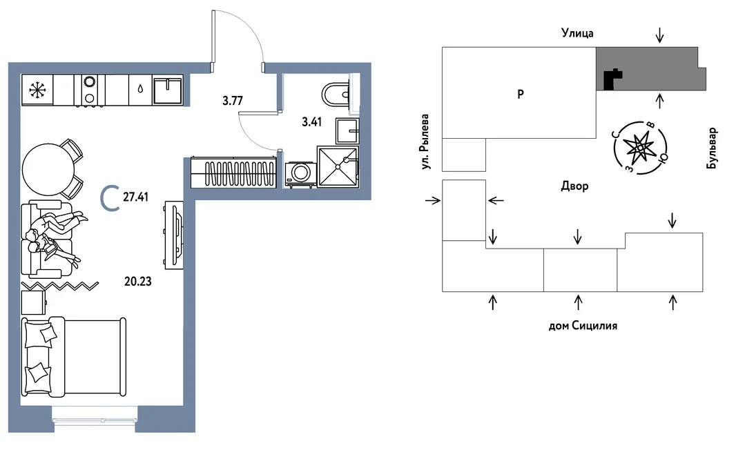 Планировка Студия, 27.41 м² ЖК «Остров-сад»
