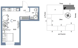 Планировка Студия, 27.41 м² ЖК «Остров-сад»