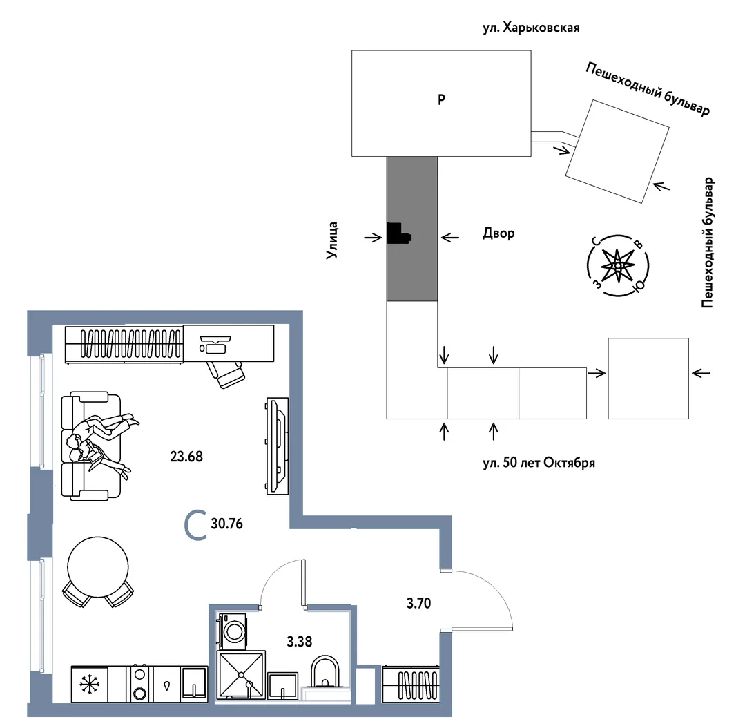 Планировка Студия, 30.76 м² ЖК «Сердце Сибири»