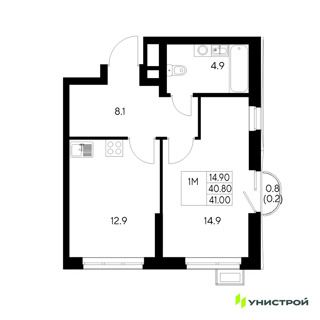 Планировка 1-комн. квартира, 41 м² ЖК «Стадиум»