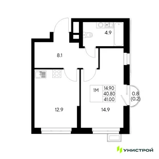 Планировка 1-комн. квартира, 41 м² ЖК «Стадиум»