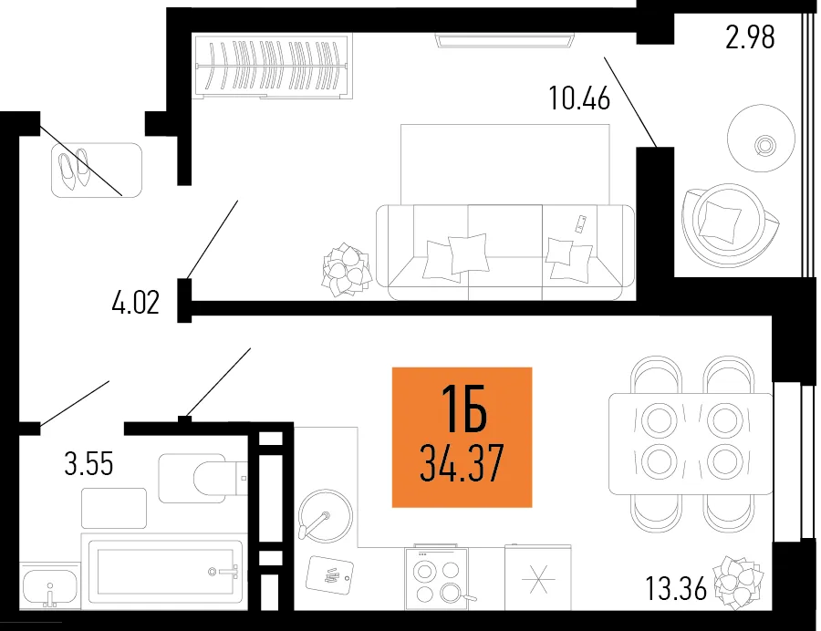 Планировка 1-комн. квартира, 34.37 м² ЖК «Столицыно»