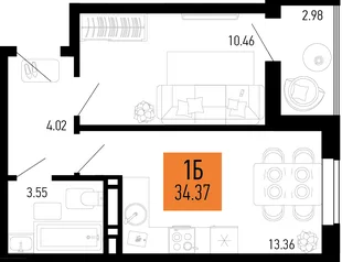 Планировка 1-комн. квартира, 34.37 м² ЖК «Столицыно»