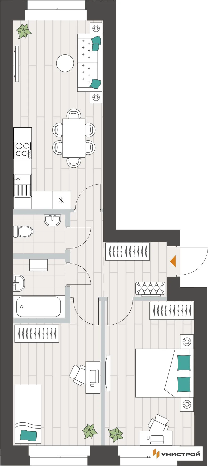 Планировка 2-комн. квартира, 58.39 м² ЖК «Аквамарин»