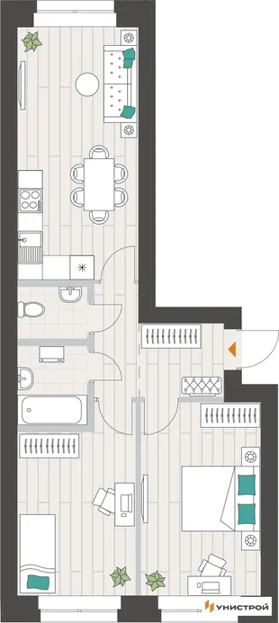 Планировка 2-комн. квартира, 58.39 м² ЖК «Аквамарин»