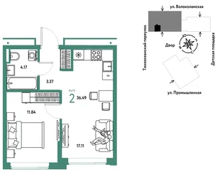 Планировка 2-комн. квартира, 36.49 м² ЖК «Страна Прибрежная»