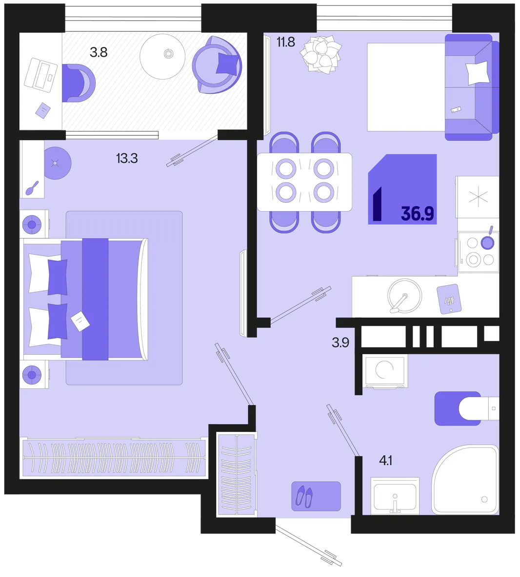 Планировка 1-комн. квартира, 36.9 м² ЖК «Первое место»
