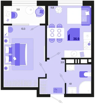 Планировка 1-комн. квартира, 36.9 м² ЖК «Первое место»