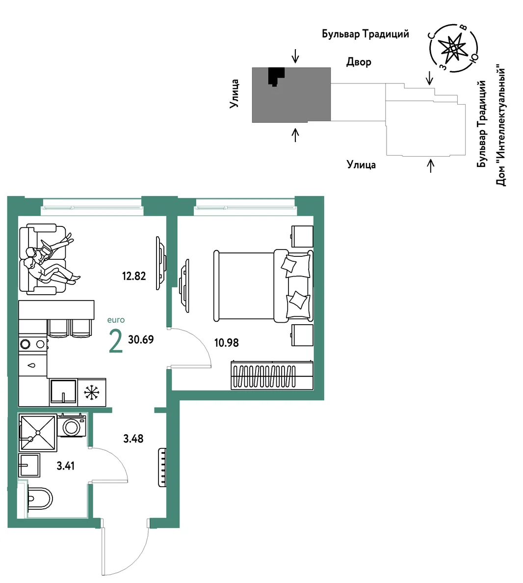 Планировка 2-комн. квартира, 30.69 м² ЖК «Микрорайон Домашний»