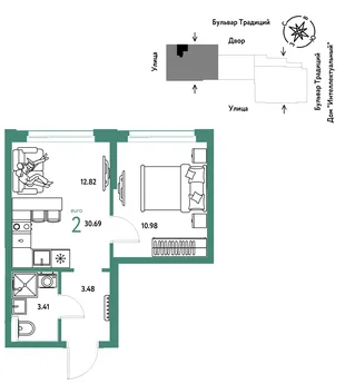 Планировка 2-комн. квартира, 30.69 м² ЖК «Микрорайон Домашний»