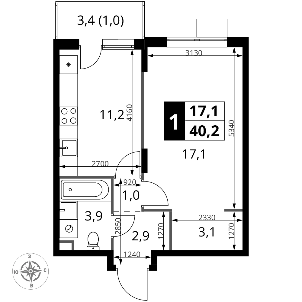 Планировка 1-комн. квартира, 40.2 м² ЖК «1-й Шереметьевский»