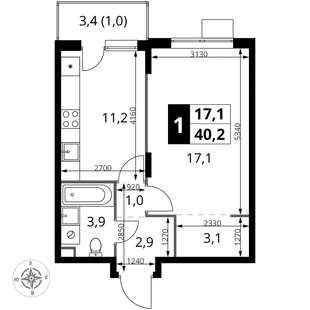 Планировка 1-комн. квартира, 40.2 м² ЖК «1-й Шереметьевский»