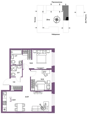 Планировка 3-комн. квартира, 63.01 м² ЖК «Европейский берег 2.0»