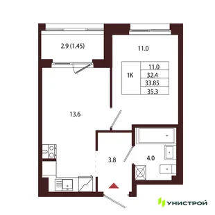 Планировка 1-комн. квартира, 33.85 м² ЖК «Лисино»