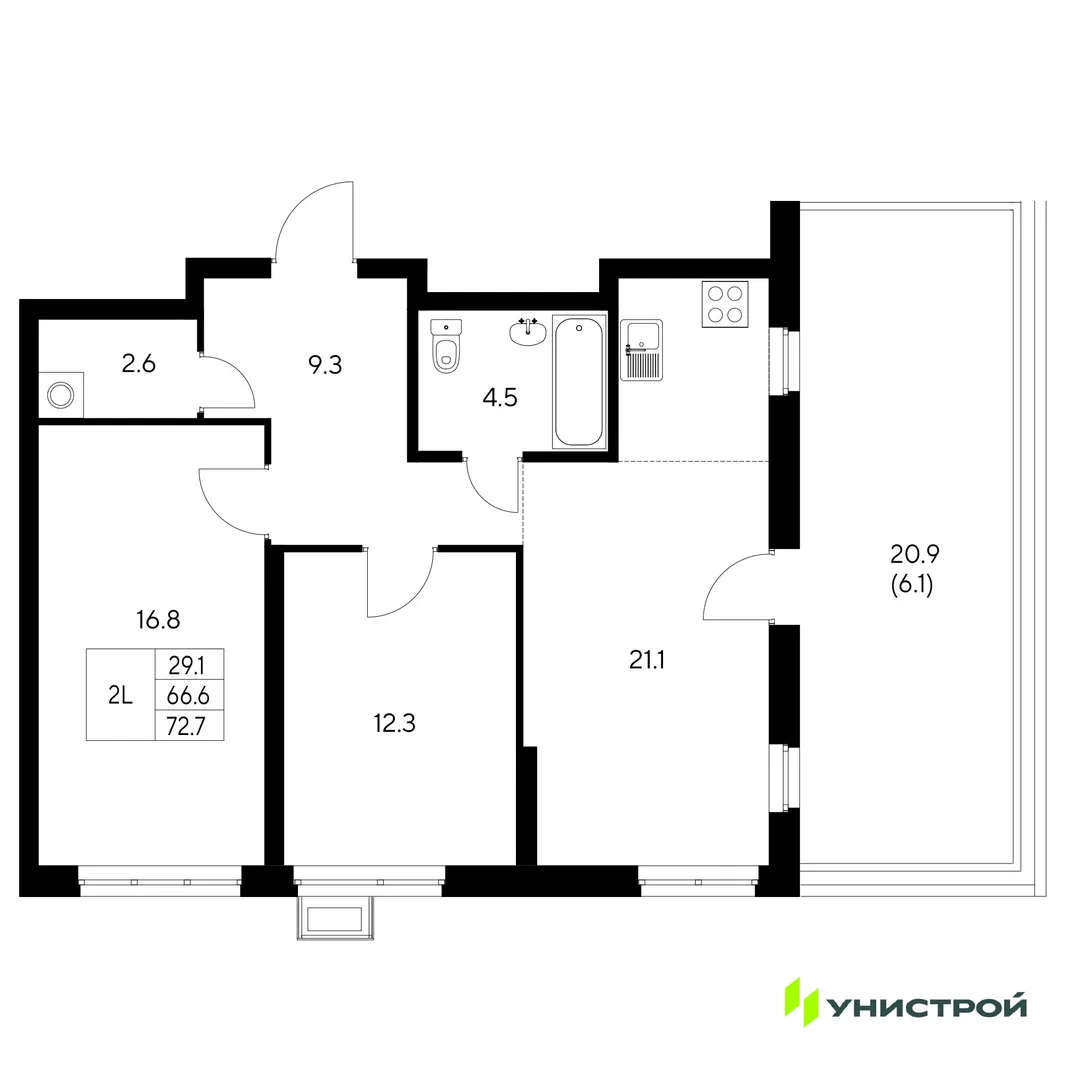 Планировка 2-комн. квартира, 72.7 м² ЖК «Стадиум»