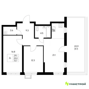 Планировка 2-комн. квартира, 72.7 м² ЖК «Стадиум»
