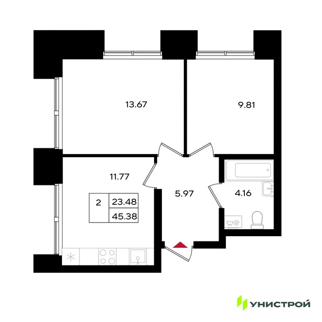 Планировка 2-комн. квартира, 45.33 м² ЖК «Уникум на Энгельса» Планировка 2-комн. квартира, 45.33 м² ЖК «Уникум на Энгельса»