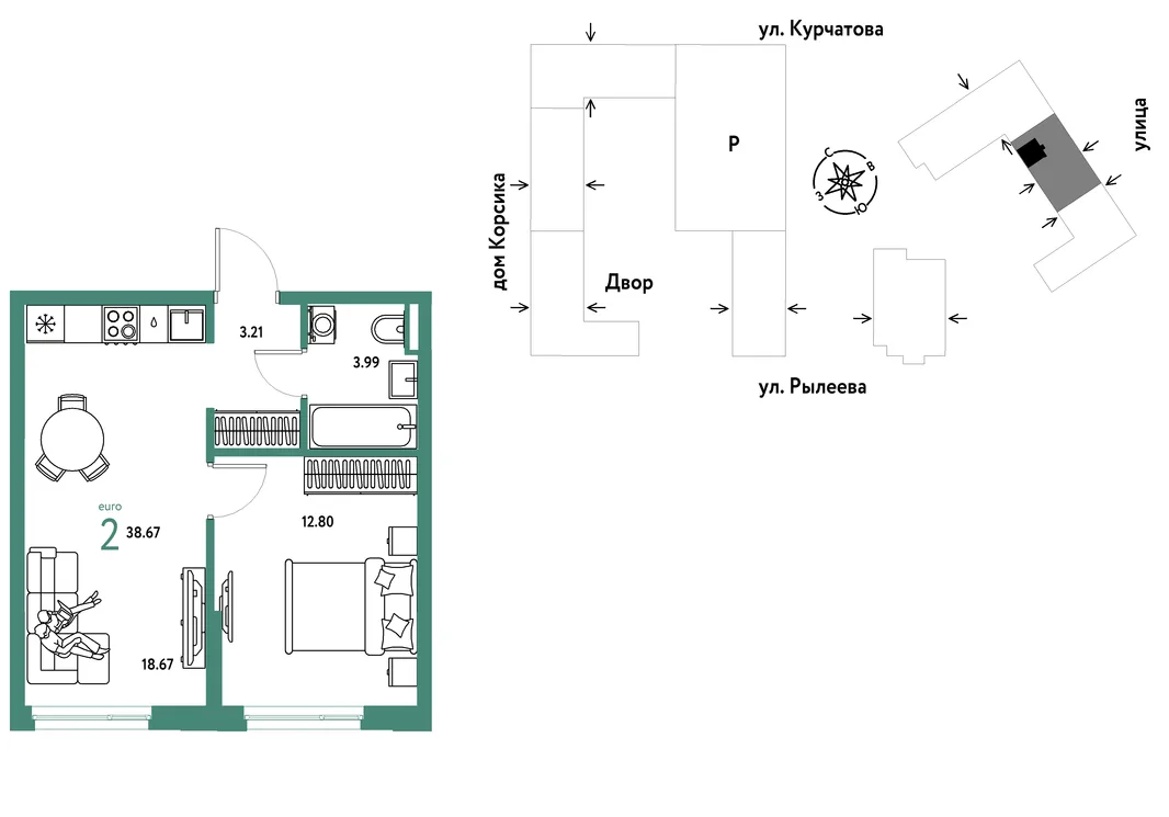 Планировка 2-комн. квартира, 38.85 м² ЖК «Остров-сад»