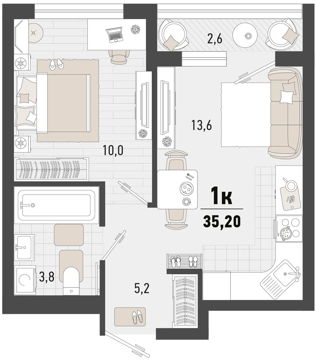 Планировка 1-комн. квартира, 35.2 м² ЖК «Барса»