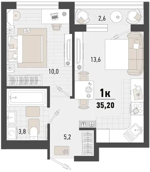 Планировка 1-комн. квартира, 35.2 м² ЖК «Барса»