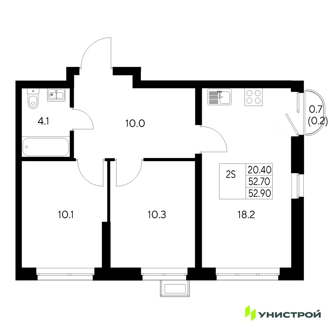 Планировка 2-комн. квартира, 52.9 м² ЖК «Стадиум»