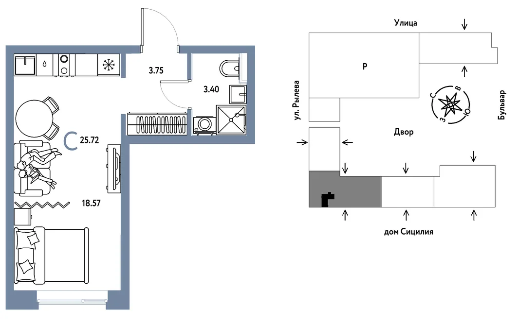 Планировка Студия, 25.72 м² ЖК «Остров-сад»