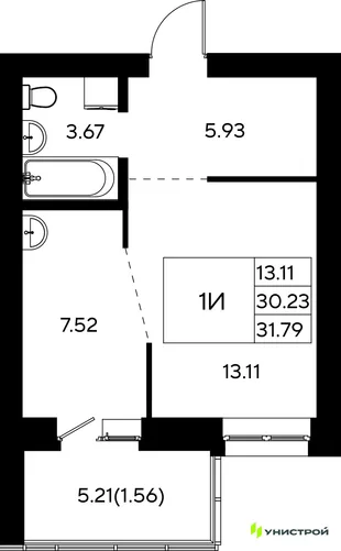 Планировка 1-комн. квартира, 31.79 м² ЖК «Царёво City»