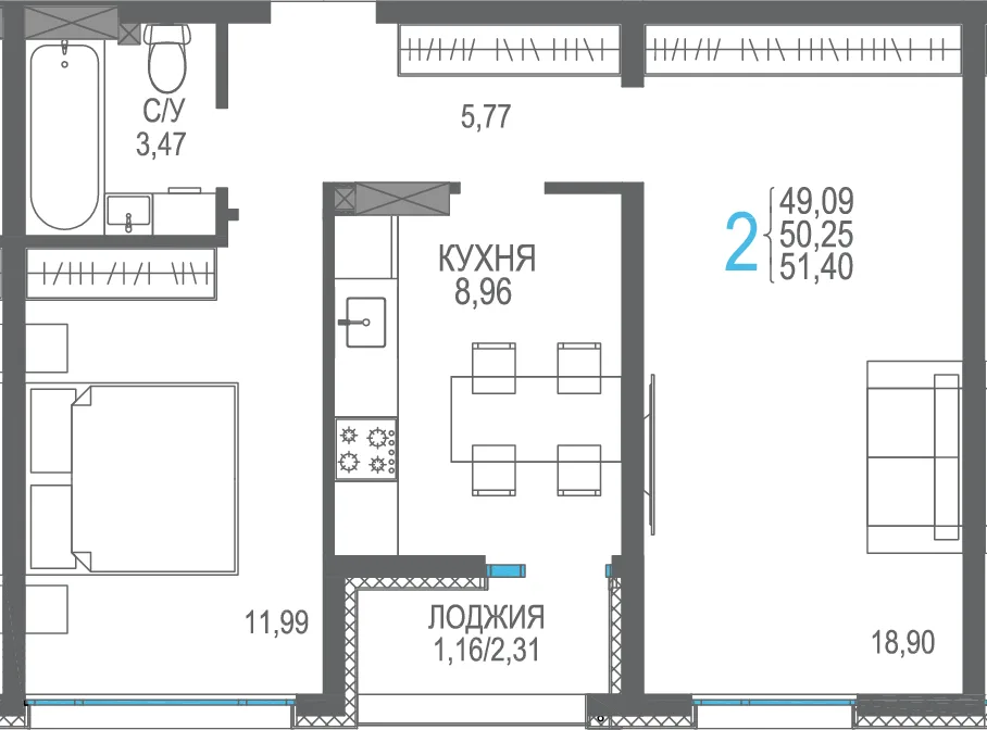 Планировка 2-комн. квартира, 51.4 м² ЖК «Розовое озеро»