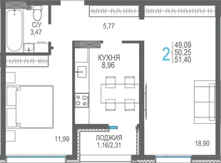 Планировка 2-комн. квартира, 51.4 м² ЖК «Розовое озеро»