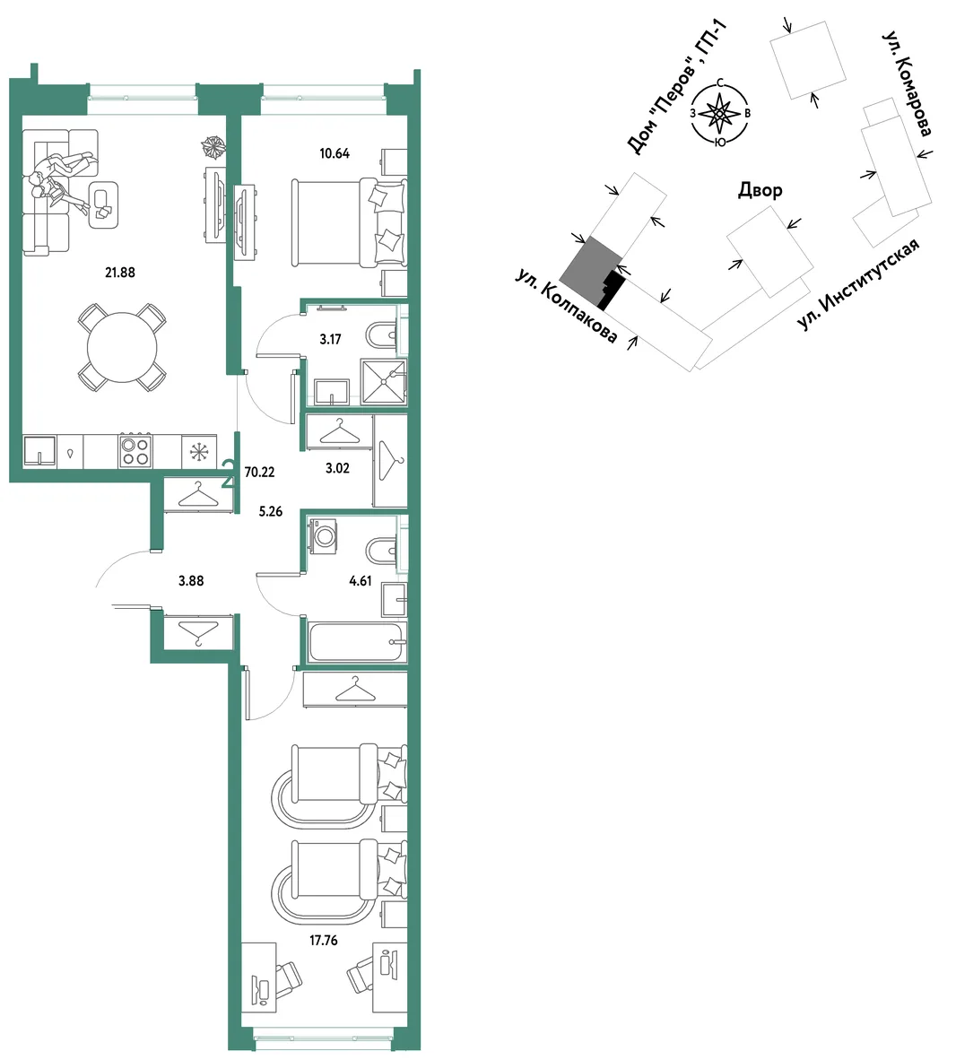 Планировка 2-комн. квартира, 70.22 м² ЖК «Страна.Парковая»