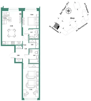 Планировка 2-комн. квартира, 70.22 м² ЖК «Страна.Парковая»
