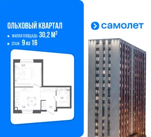 Планировка 1-комн. квартира, 30.2 м² ЖК «Ольховый Квартал»