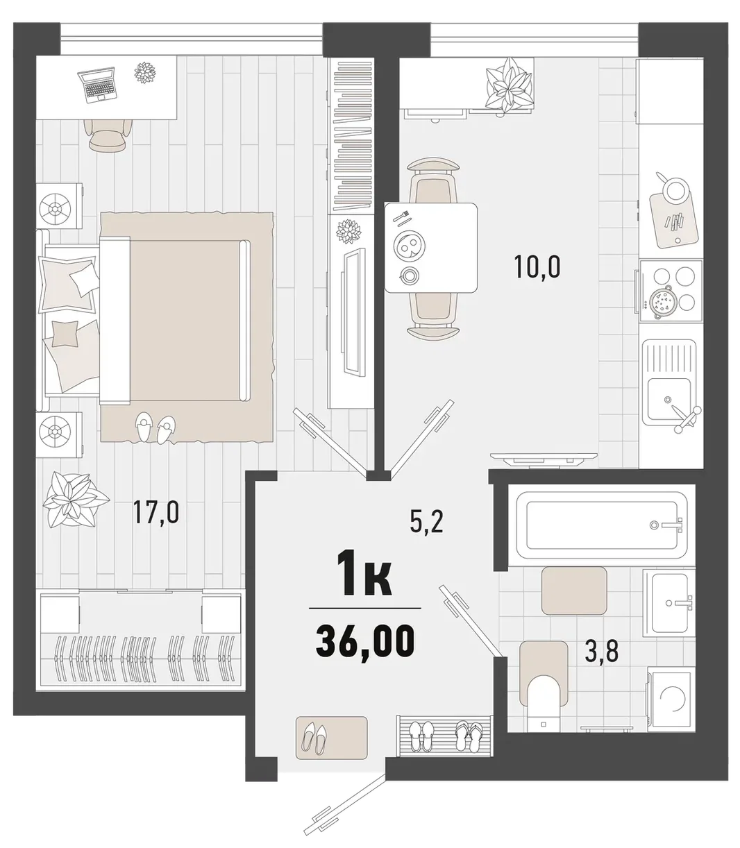 Планировка 1-комн. квартира, 36 м² ЖК «Барса»