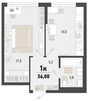 Планировка 1-комн. квартира, 36 м² ЖК «Барса»