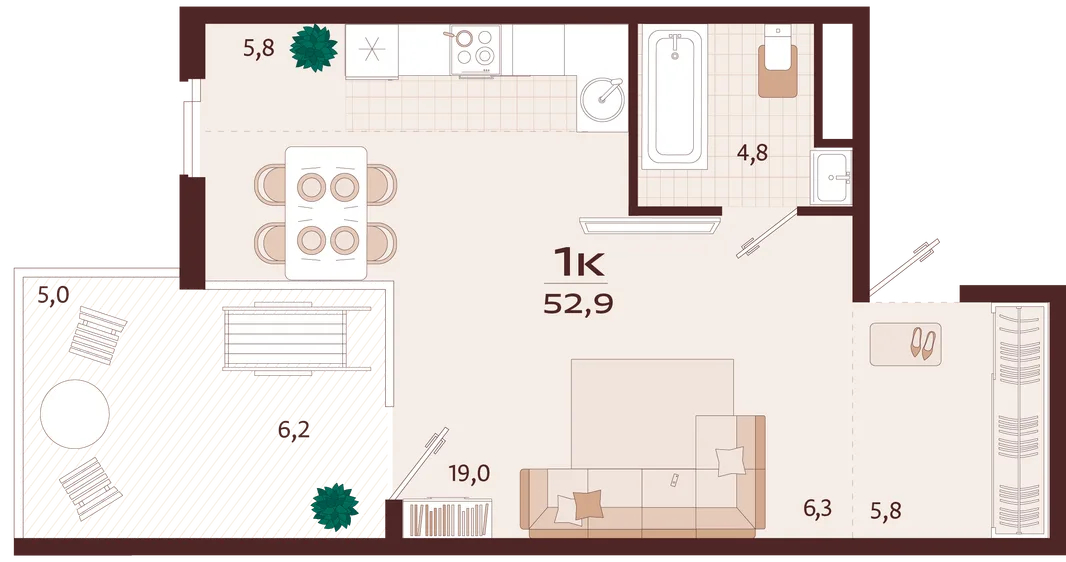 Планировка 1-комн. квартира, 52.9 м² ЖК «Роялта»