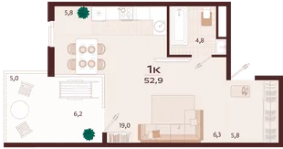 Планировка 1-комн. квартира, 52.9 м² ЖК «Роялта»