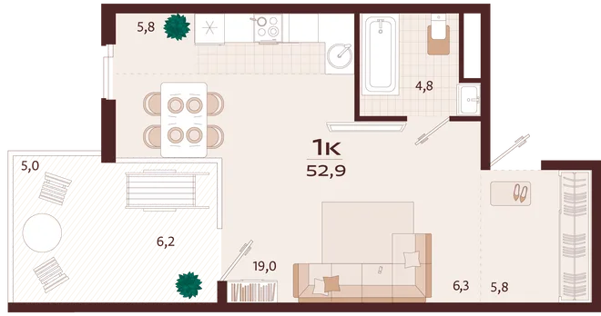 Планировка 1-комн. квартира, 52.9 м² ЖК «Роялта» Планировка 1-комн. квартира, 52.9 м² ЖК «Роялта»