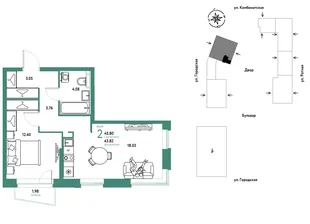 Планировка 2-комн. квартира, 45.8 м² ЖК «Уральский сад»