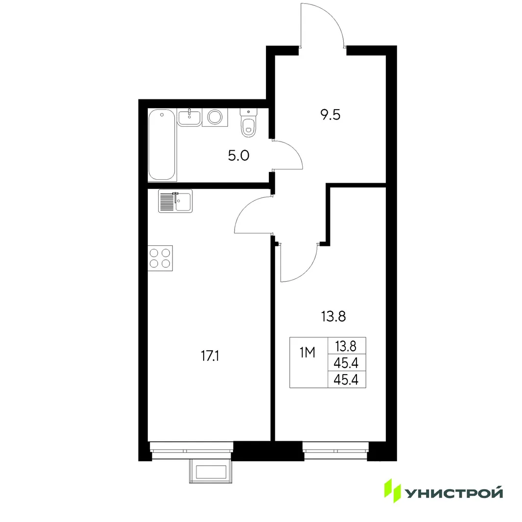 Планировка 1-комн. квартира, 45.4 м² ЖК «Стадиум»