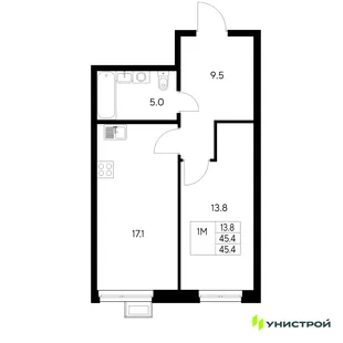 Планировка 1-комн. квартира, 45.4 м² ЖК «Стадиум»