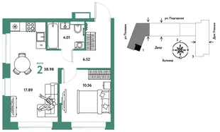 Планировка 2-комн. квартира, 39.07 м² ЖК «Авторский»